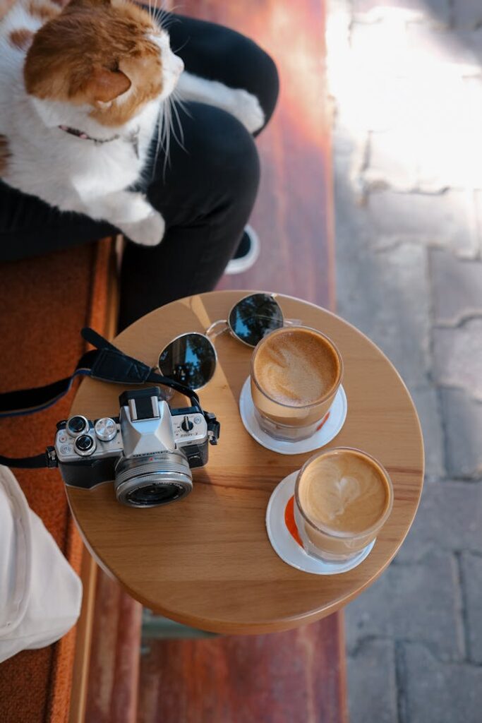 A cat sitting on a table next to a coffee cup